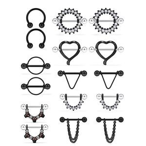 14G 316L Black and Cubic Zirconia Nipple Rings - 8 Sets